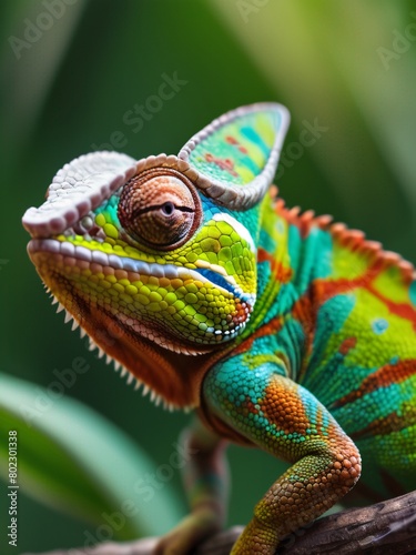 A captivating macro shot of a chameleon, its vibrant scales a stunning palette of greens, blues, and yellows. The creature’s intricate eye detail and textured skin are in sharp focus.  © hobonski