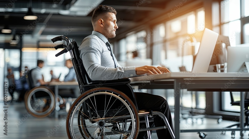 Disabled Afro businessman working on a laptop. Bright colors. Disabled Afro businessman working on a laptop. Bright colors.