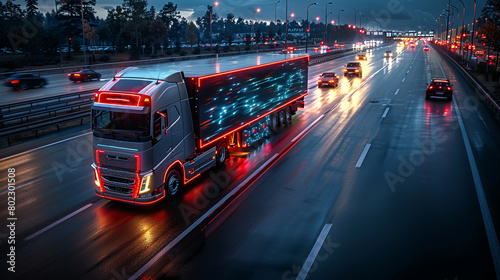 A modern truck is in motion on the highway.