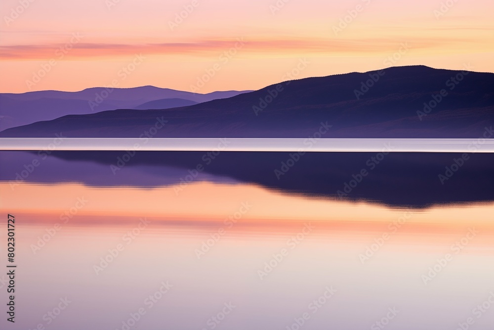 Fototapeta premium This serene landscape captures the enchanting moment of sunset with smooth transitions of purple and orange hues painting the sky