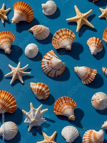 a tranquil image featuring seashells scattered on a blue surface, captured from a bird's-eye view.