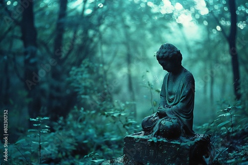 Old Buddha statue in the misty forest, Selective focus