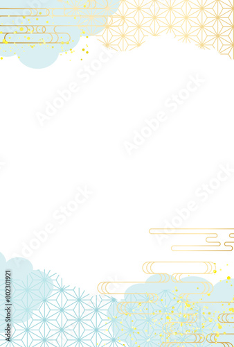 夏・暑中見舞い　和柄　水色・青・金・高級感・雲　背景	
