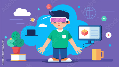An interactive virtual reality simulation that helps students with sensory processing disorder practice coping techniques in different environments.. Vector illustration