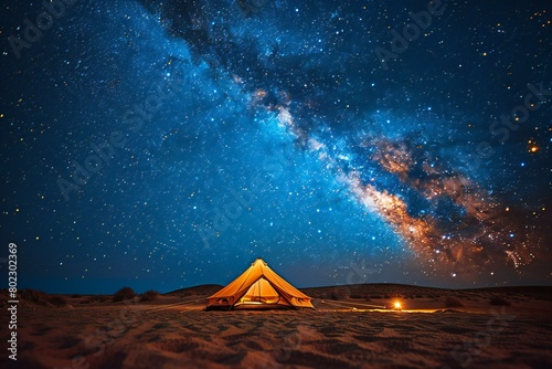 Tourist tent in the desert at night with milky way and stars