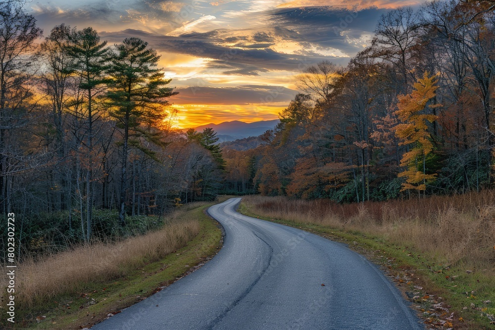 A road Autumn sunset at the Smoky Mountain national Park A road Autumn sunset at the Smoky Mountain national Park