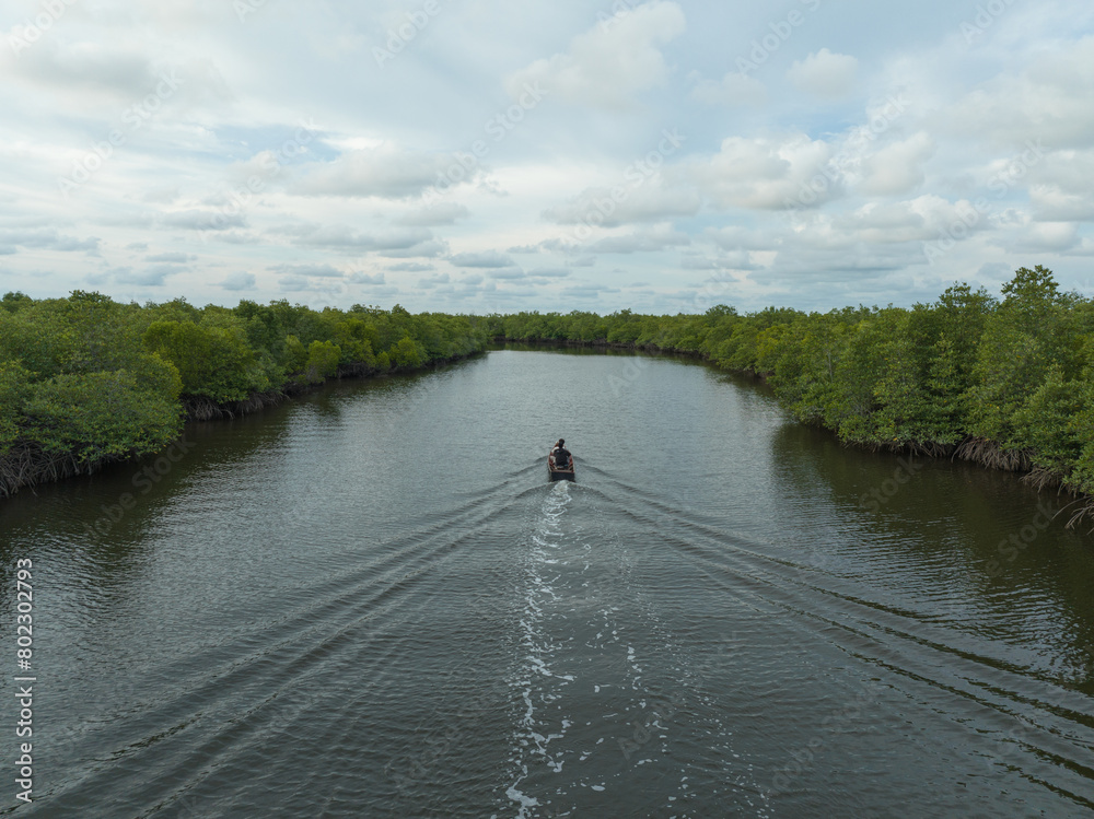 Indonesian fishermen looking for fish and shrimp in the mangrove forest Indonesian fishermen looking for fish and shrimp in the mangrove forest