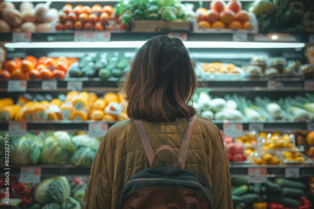 Consumer Contemplating Fresh Produce at a Grocery Store