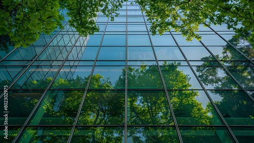 Reflecting ESG Sustainability: Corporate Glass Building with Green Trees. Concept ESG Sustainability, Corporate Glass Building, Green Trees, Environmentally Friendly Business, Sustainable Practices