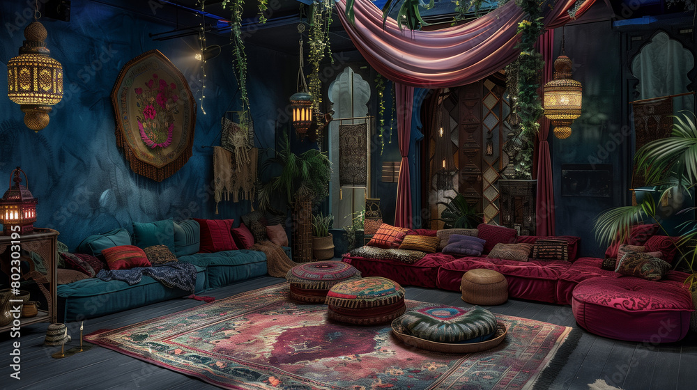 Stylish lounge setup with comfortable seating and foliage Stylish lounge setup with comfortable seating and foliage