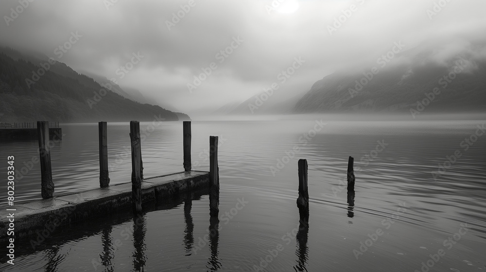 Obraz premium morning on the lake, black and white