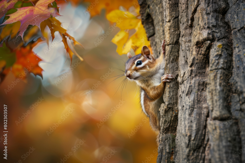 Autumn Chipmunk Perched on a Tree Trunk Amidst Falling Leaves