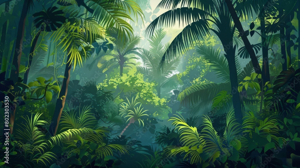 Horizontal landscape of tropical jungle Panoramic view of dense forest with palms and lianas Exotic colorful scenery of green rainforest with foliage plants Colored flat vector illustration Horizontal landscape of tropical jungle Panoramic view of dense forest with palms and lianas Exotic colorful scenery of green rainforest with foliage plants Colored flat vector illustration