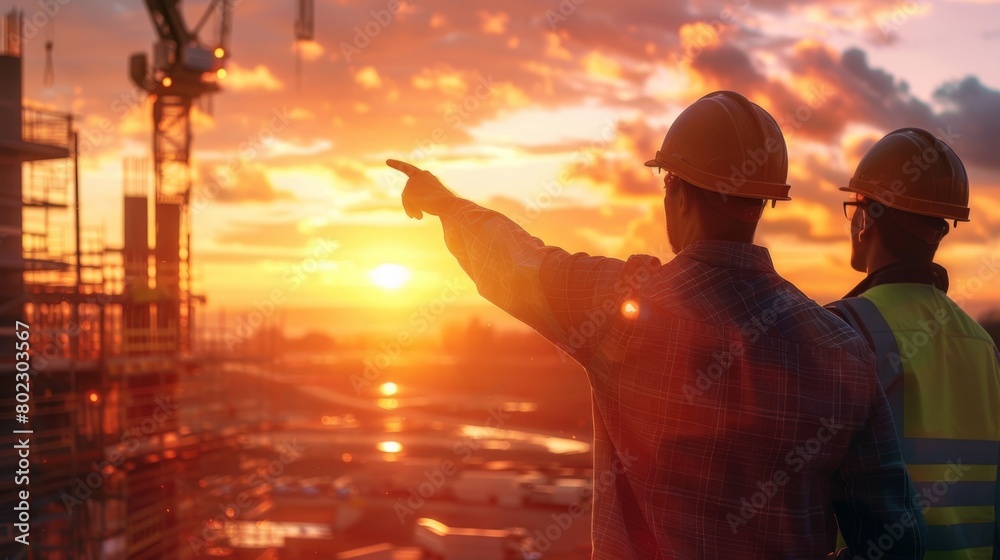 Fototapeta premium Construction Workers Overseeing Sunset
