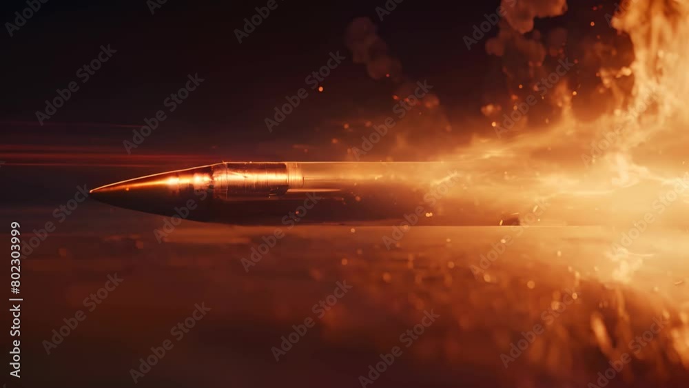 Fiery depiction of a speeding bullet enveloped in flames and smoke, illustrating high velocity and explosive impact