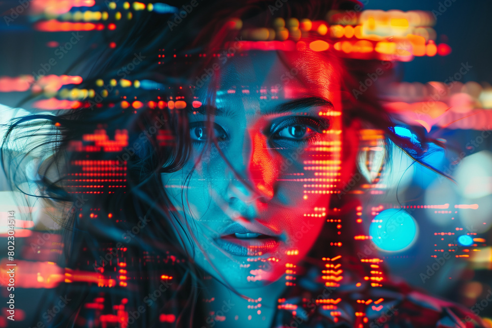 A futuristic portrait of a girl with binary code on her face A futuristic portrait of a girl with binary code on her face