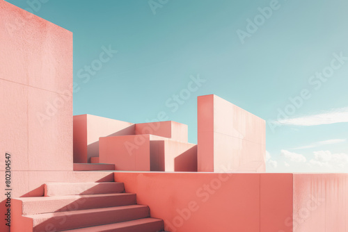 Pastel Pink Geometric Building Facades Against Blue Sky