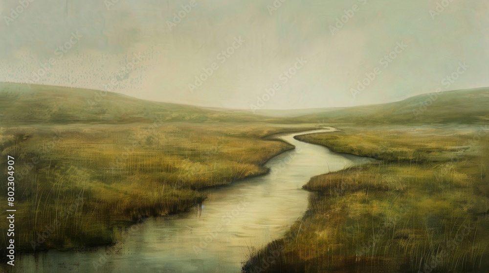 Layers of muted greens and browns bring to mind the peaceful calm of a slowmoving river meandering through a serene landscape.. Layers of muted greens and browns bring to mind the peaceful calm of a slowmoving river meandering through a serene landscape..