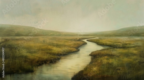 Layers of muted greens and browns bring to mind the peaceful calm of a slowmoving river meandering through a serene landscape..