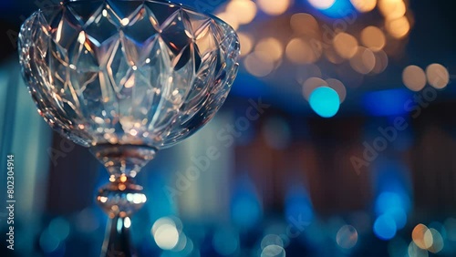 Exquisite crystal trophy catching light, featuring detailed facets and a blur of festive blue bokeh lights in the background. photo