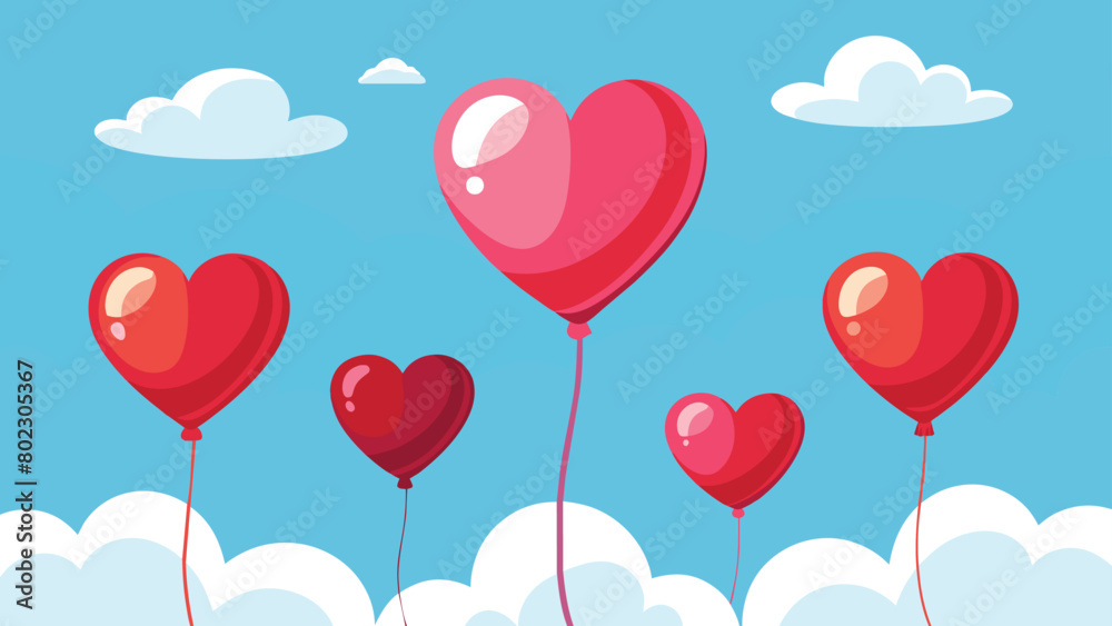 Red heart-shaped balloons floating in blue sky vector cartoon illustration. Festive and cheerful love symbols rising amongst clouds.