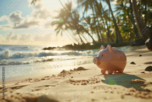 Piggy bank sitting on the sandy beach photo