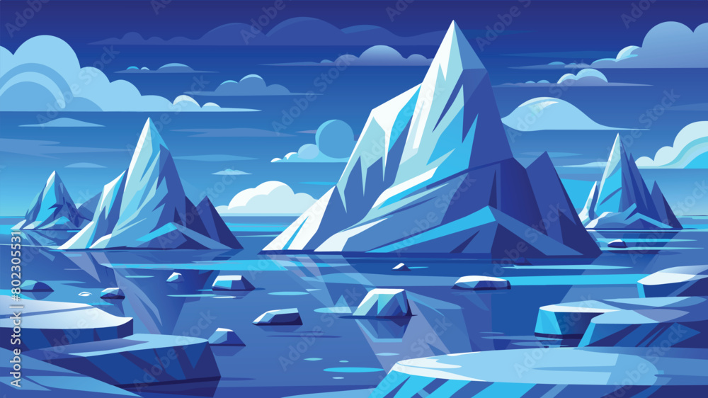 Iceberg landscape in cold ocean vector cartoon illustration. Crystal blue ice formations floating in sea. Iceberg landscape in cold ocean vector cartoon illustration. Crystal blue ice formations floating in sea.