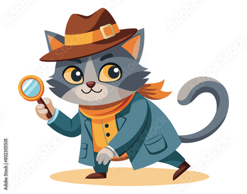 Detective cat with magnifying glass vector cartoon illustration. Feline sleuth ready to solve the mystery.