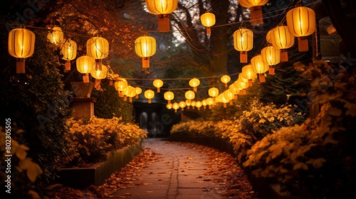 Lanterns in the park at night. Autumn season.