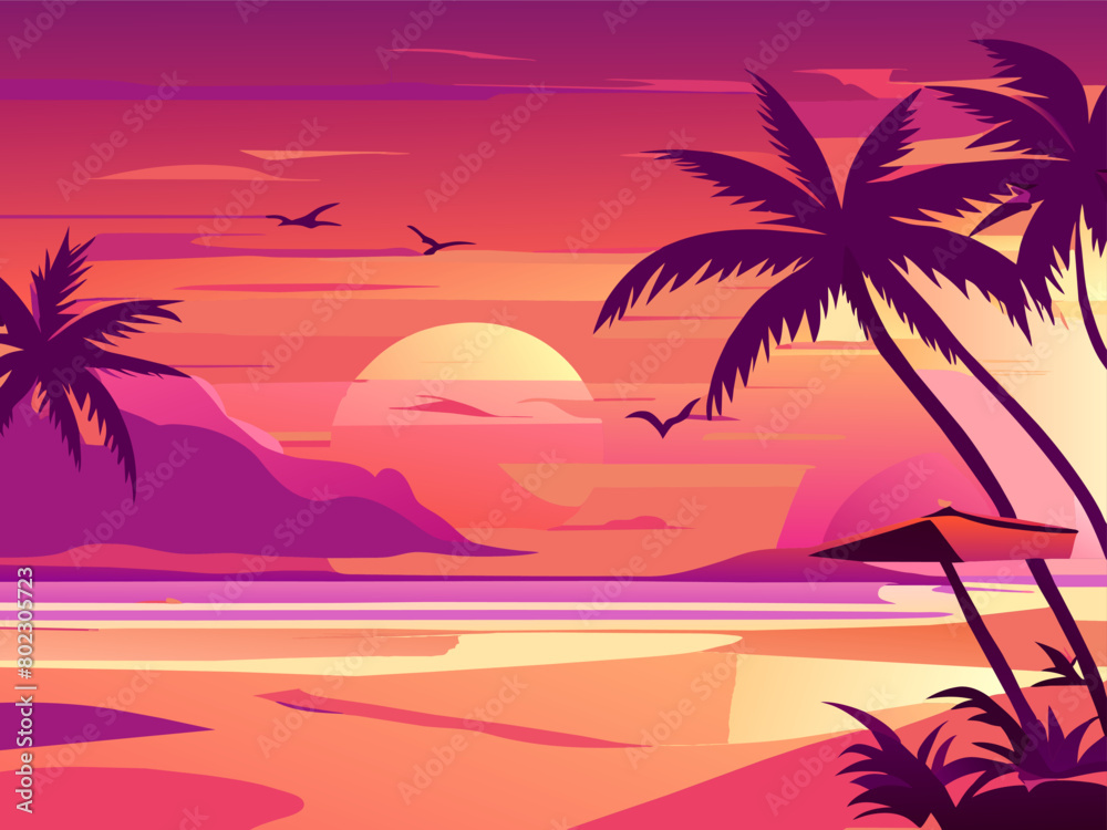 beach background at sunset with palm trees, vector illustration flat 2