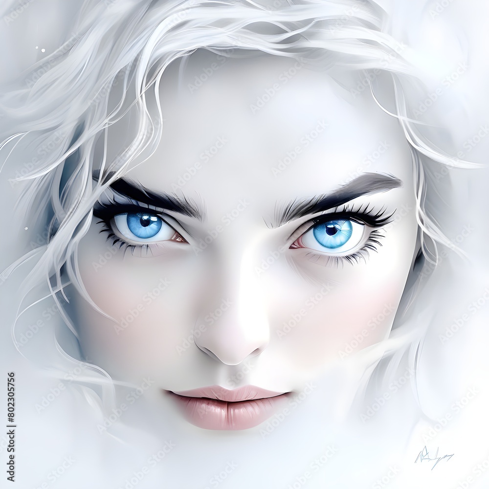 Fototapeta premium delicate-thin-pale-lines-of-the-face-drawing-plump-lips-slightly-open-mouth-frosty-eyebrows