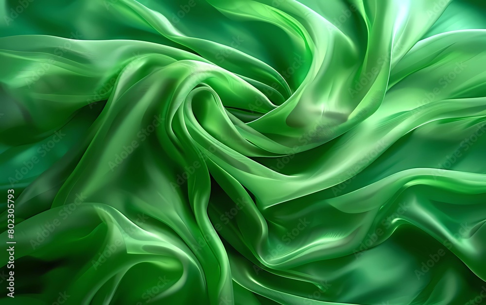 Colorful background of flowing green fabric. Smooth and soft. 