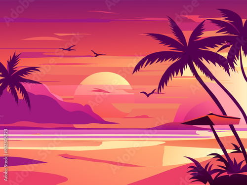 beach background at sunset with palm trees, vector illustration flat 2