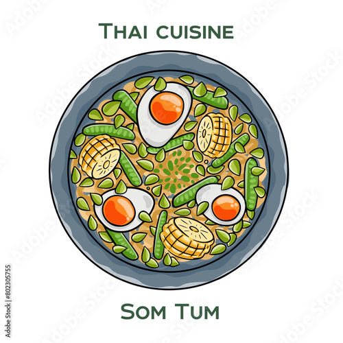 Traditional Thai food. Som Tum on white background. Isolated vector illustration.