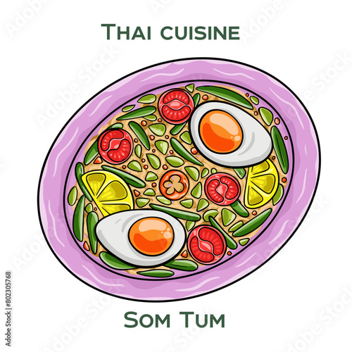 Traditional Thai food. Som Tum on white background. Isolated vector illustration.