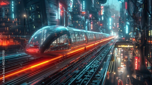 Seamless flow of futuristic urban transport, light trails in smart city mobility hub © saichon