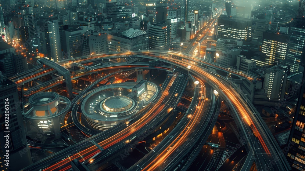 Aerial shot of futuristic transport architecture, merging diverse modes at a single hub Aerial shot of futuristic transport architecture, merging diverse modes at a single hub
