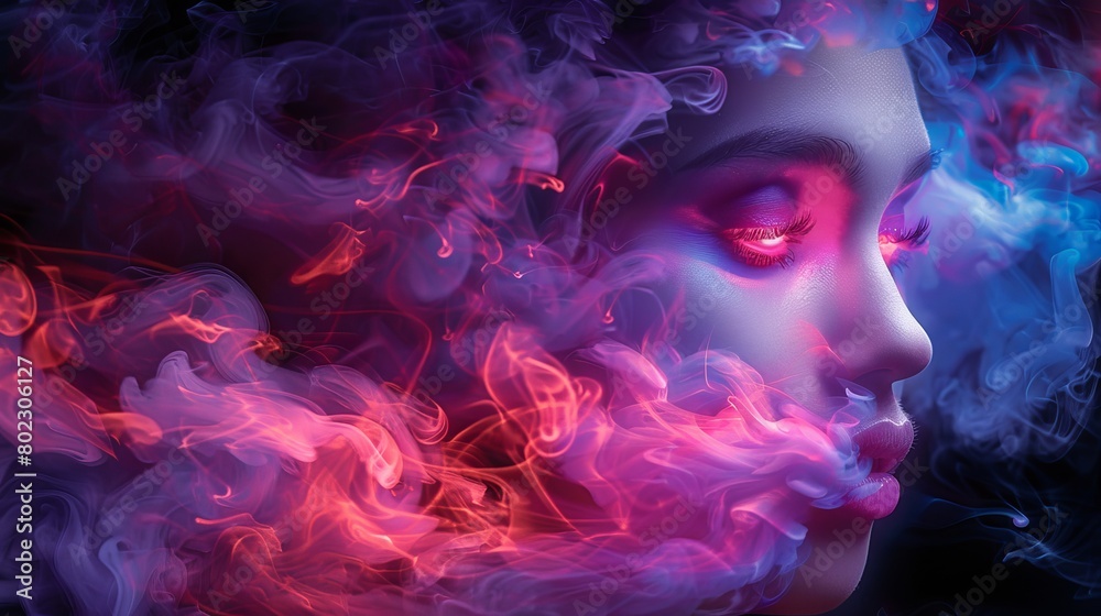 Woman s face surrounded by vibrant explosion of colorful smoke powder in striking display Woman s face surrounded by vibrant explosion of colorful smoke powder in striking display