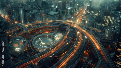 Aerial shot of futuristic transport architecture  merging diverse modes at a single hub