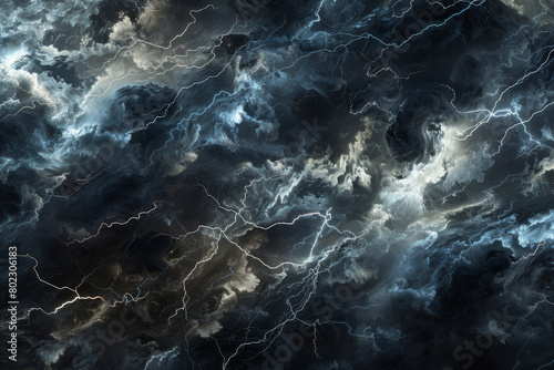 A dark sky with many clouds and lightning bolts