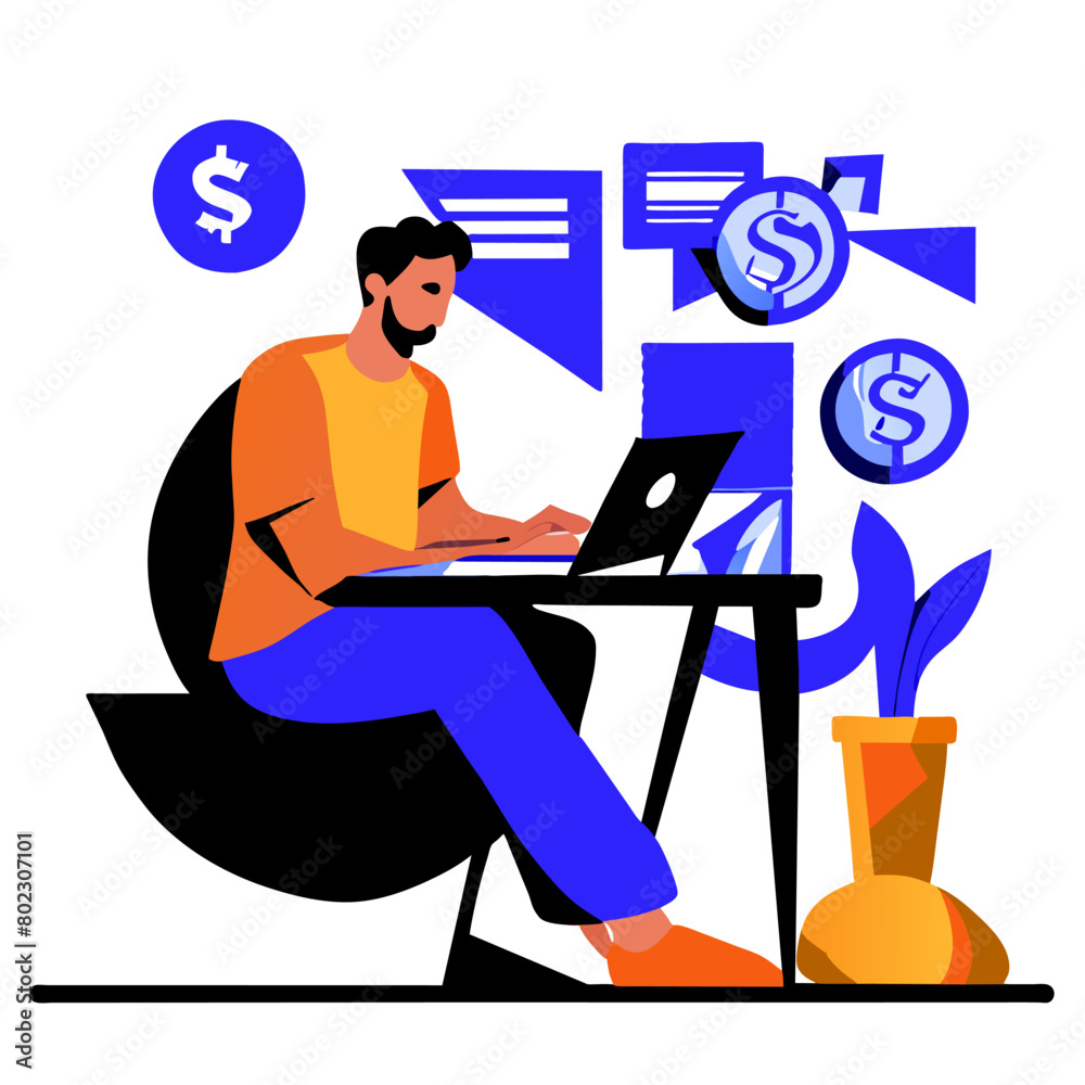 male shopping online via laptop include money symbol and e-commerce site white background, vector