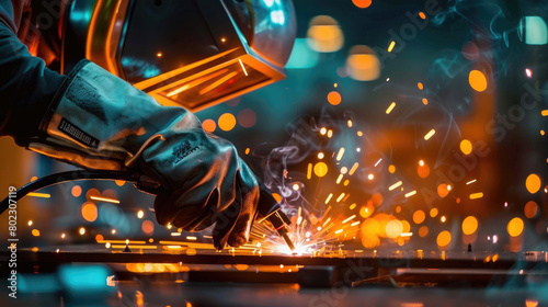 Witness the intensity of welding with this close-up image featuring protective helmet and gloves amidst a blazing flame. Perfect for showcasing industrial safety gear in action.