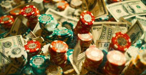 Freeze-Frame of Casino Chips and Dollar Bills Cascading 