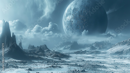 Surreal alien landscape with towering icy spires and a massive cratered moon looming over a frozen terrain under a cloudy sky. photo