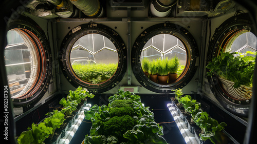 An indoor garden in a spacecraft, with rows of lush green plants in pots, viewed through circular windows with lights illuminating the foliage.