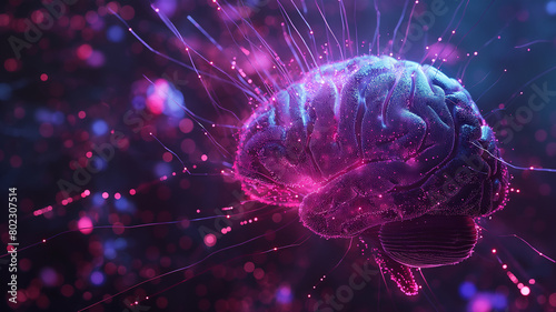 Illuminated digital brain with vibrant pink and blue neural connections, symbolizing cognitive processes and futuristic technology.