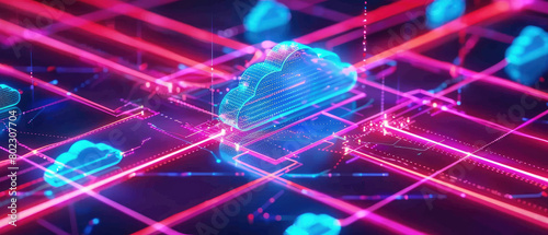 Delve into the digital realm with this illustrative depiction of a cloud computing network  showcasing the secure storage and remote access of data  vital for modern technology infrastructure.