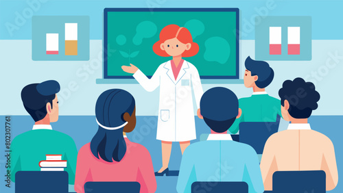 In a classroom setting medical staff attend a lecture on common myths and misunderstandings surrounding neurodiversity and how to debunk them.. Vector illustration