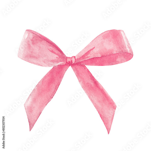 Pink pastel ribbon bow tie. Cute girly style. Hand drawn watercolor isolated on white background