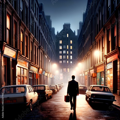Business man walking down street with tenements, shops and cars at night photo
